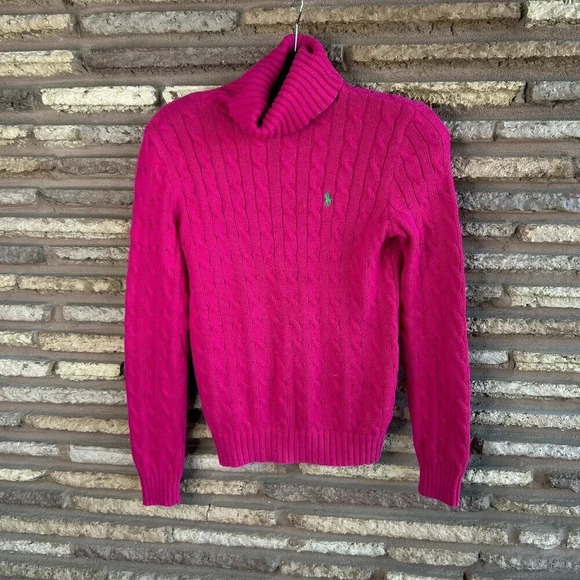 Ralph Lauren Sport Fuchsia Cable Knit 100% Cotton Turtleneck Sweater Size Medium - Picture 1 of 6
